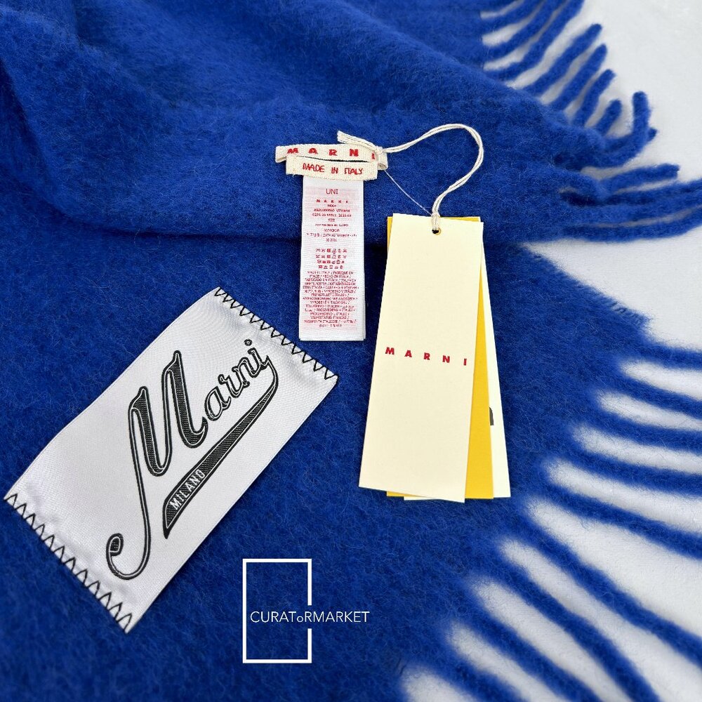 Marni: Embroidered Logo Alpaca Felted Wool Classic Blue Scarf FW26 - Picture 6 of 10